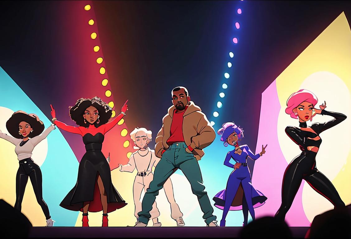 A group of diverse people wearing fashionable outfits, dancing to Kanye's music with colorful lights in the background..