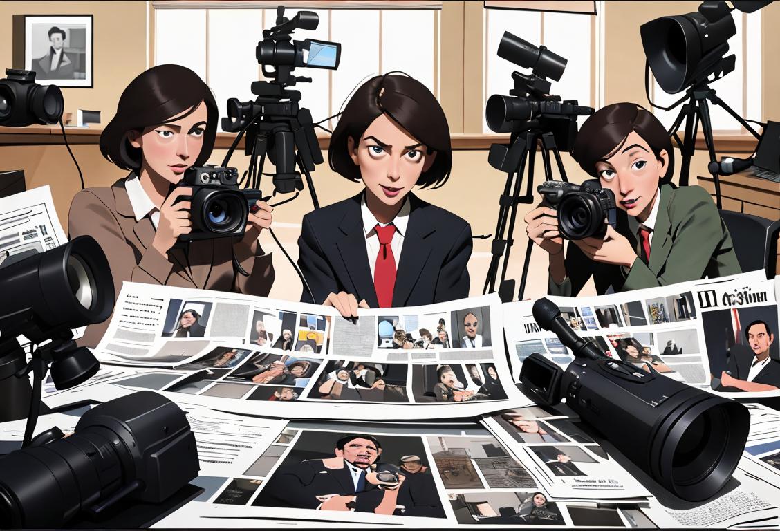 A group of journalists in a newsroom, wearing professional attire, surrounded by newspaper clippings and cameras, capturing the essence of National Press Day..