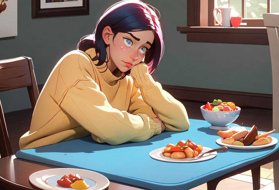 A vibrant image of a person engaging in self-reflection on National Breakup Day. The person is sitting at a table, surrounded by comforting food. They are wearing cozy clothing, such as a soft sweater and warm socks. In the background, there are sports equipment and an exercise mat, symbolizing the importance of staying active. The scene is filled with laughter and camaraderie as people gather online, sharing relatable breakup memes and witty posts. The overall atmosphere is one of acceptance, growth, and the beginning of new adventures..
