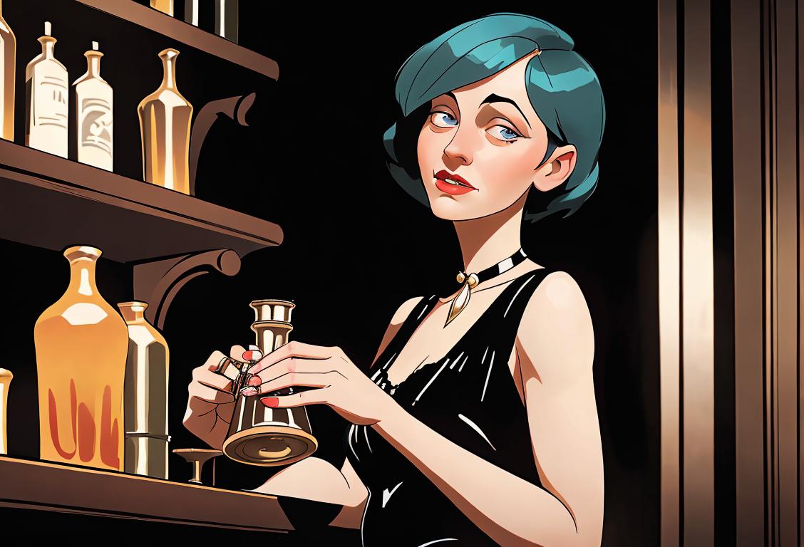 A photo of a woman wearing a stylish 1920s flapper dress, holding a hidden flask, in a speakeasy setting with jazz music in the background..