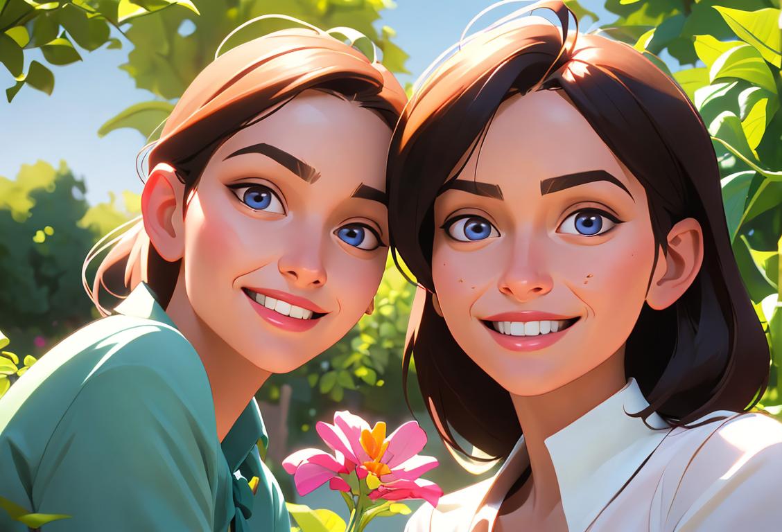 Close-up of two neighbors smiling, helping each other garden, wearing casual summer clothes, suburban neighborhood setting..
