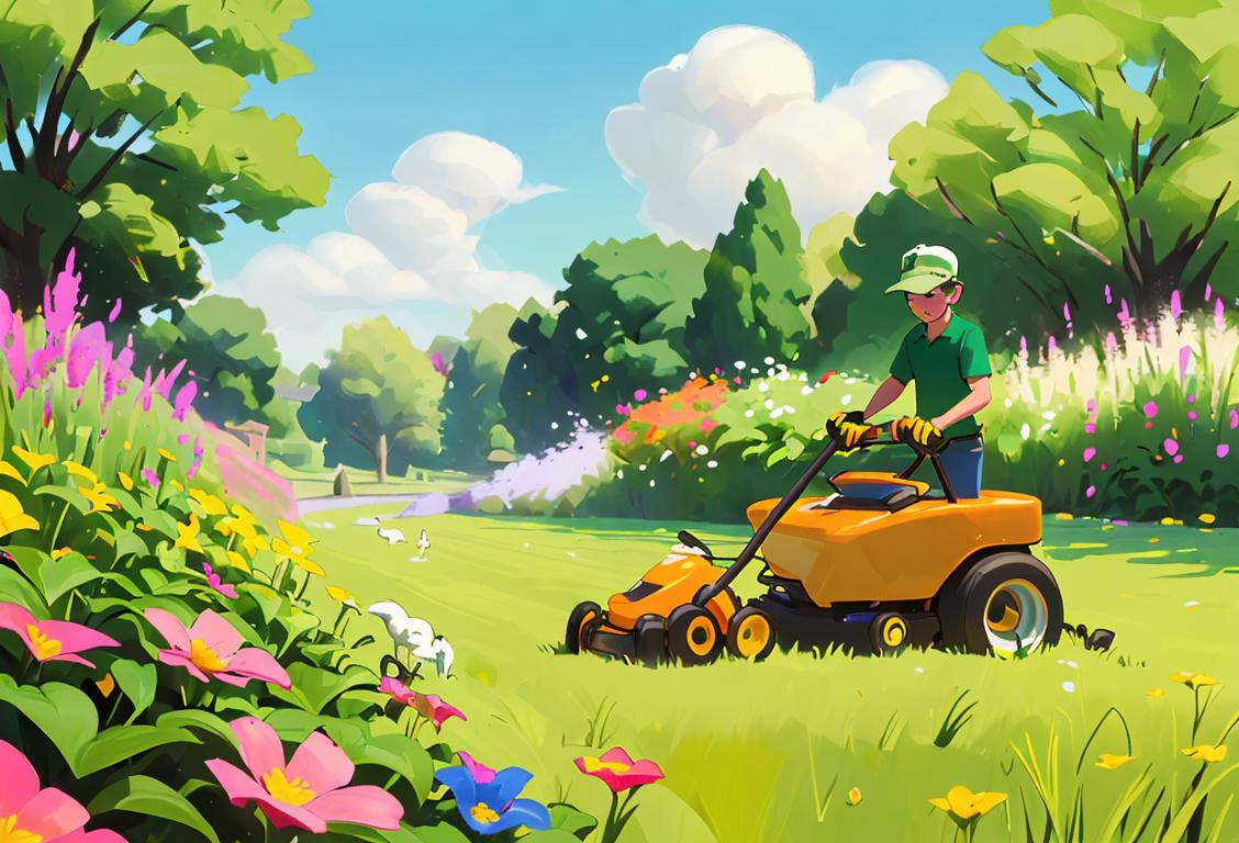 Person wearing gardening gloves, gently pushing a lawnmower through lush green grass, surrounded by colorful flowers and a bright blue sky..