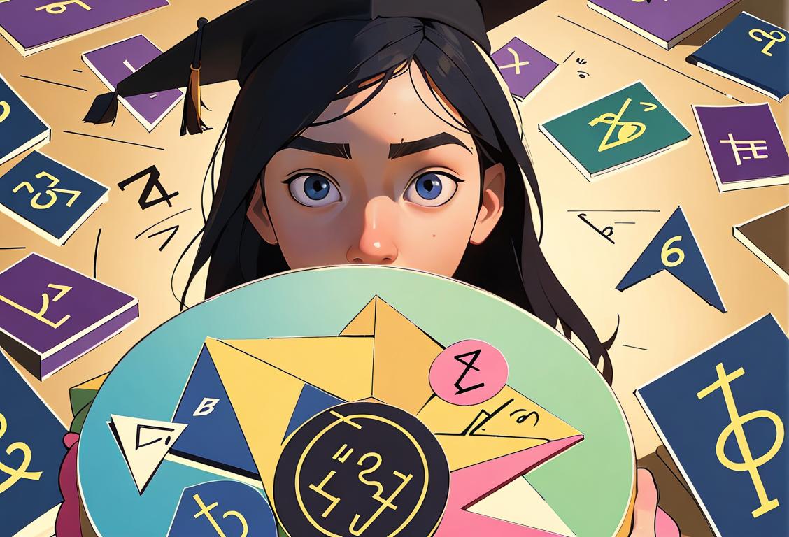 A young student solving an algebra equation, wearing a graduation cap, surrounded by mathematical symbols and textbooks. .
