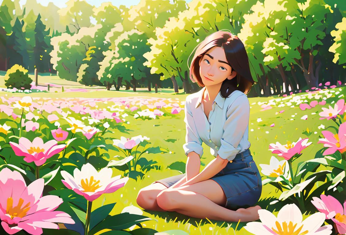 A person sitting cross-legged, wearing a peaceful expression, surrounded by blooming flowers and a serene natural landscape..