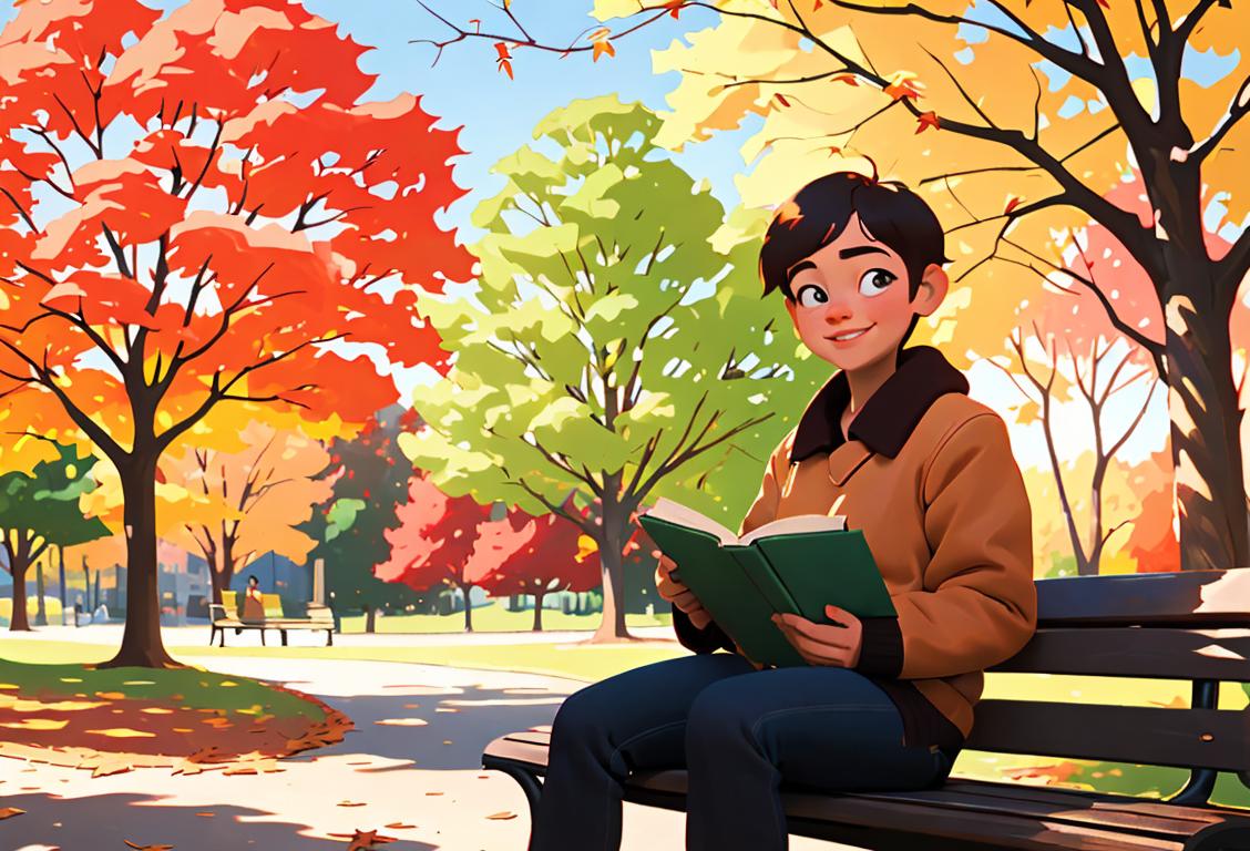 Young person sitting on a park bench, holding a book, surrounded by nature and smiling at the vibrant colors of autumn leaves..