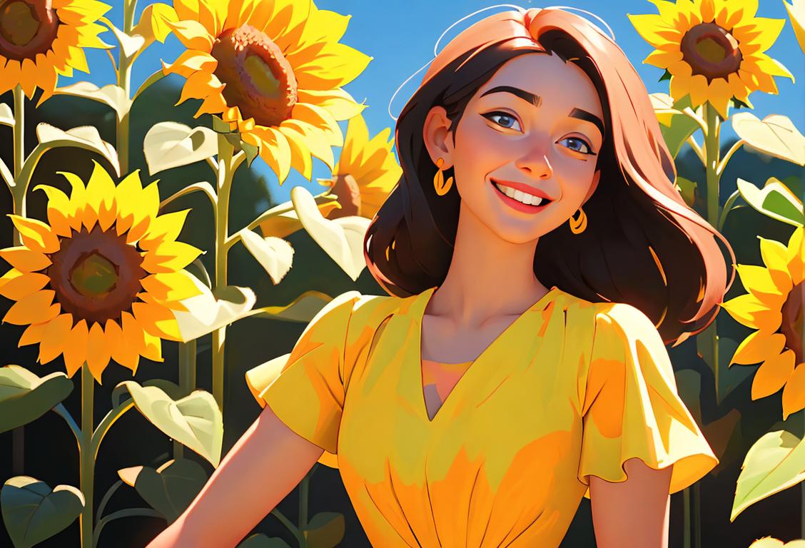 Young woman with a warm smile, wearing a colorful sunflower dress, surrounded by a vibrant garden scene..