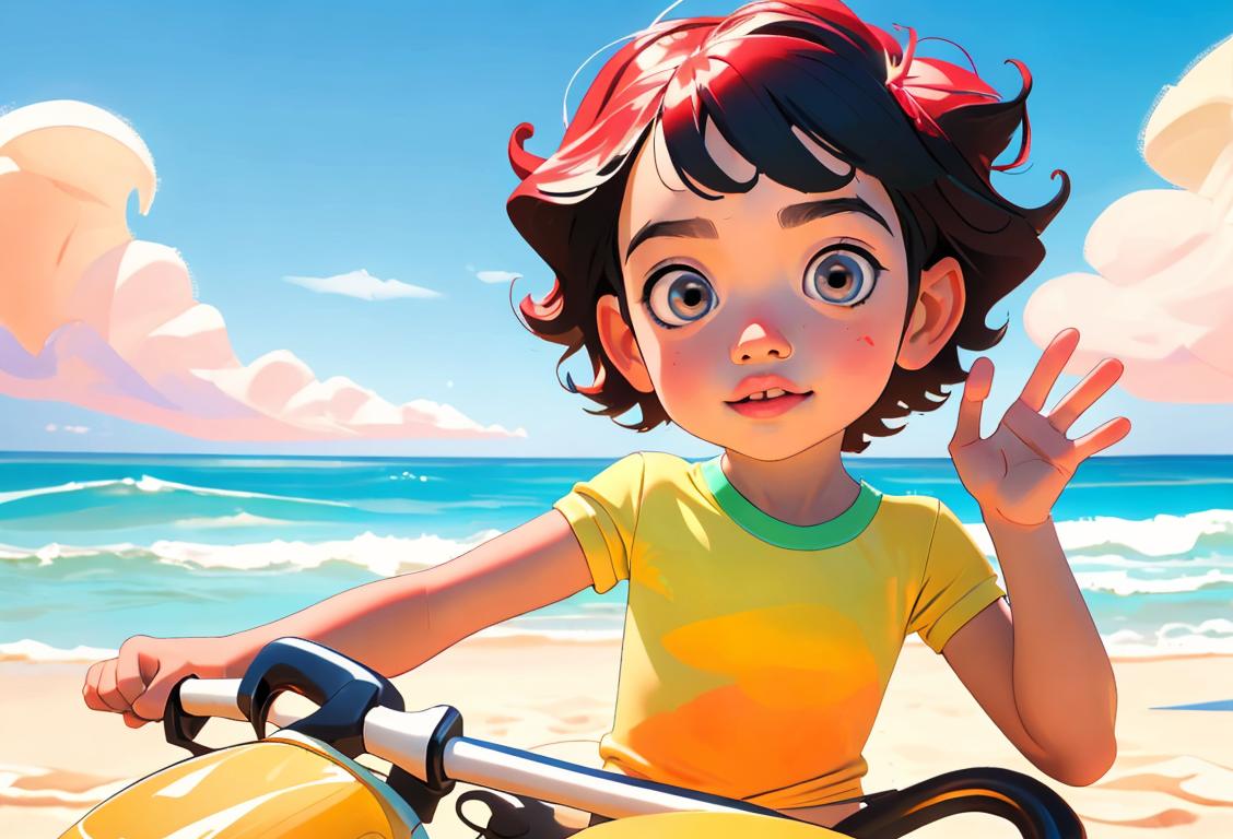 Young child riding a pebebe wave, wearing a colorful swimsuit, beach scene, with a bright sunny sky..