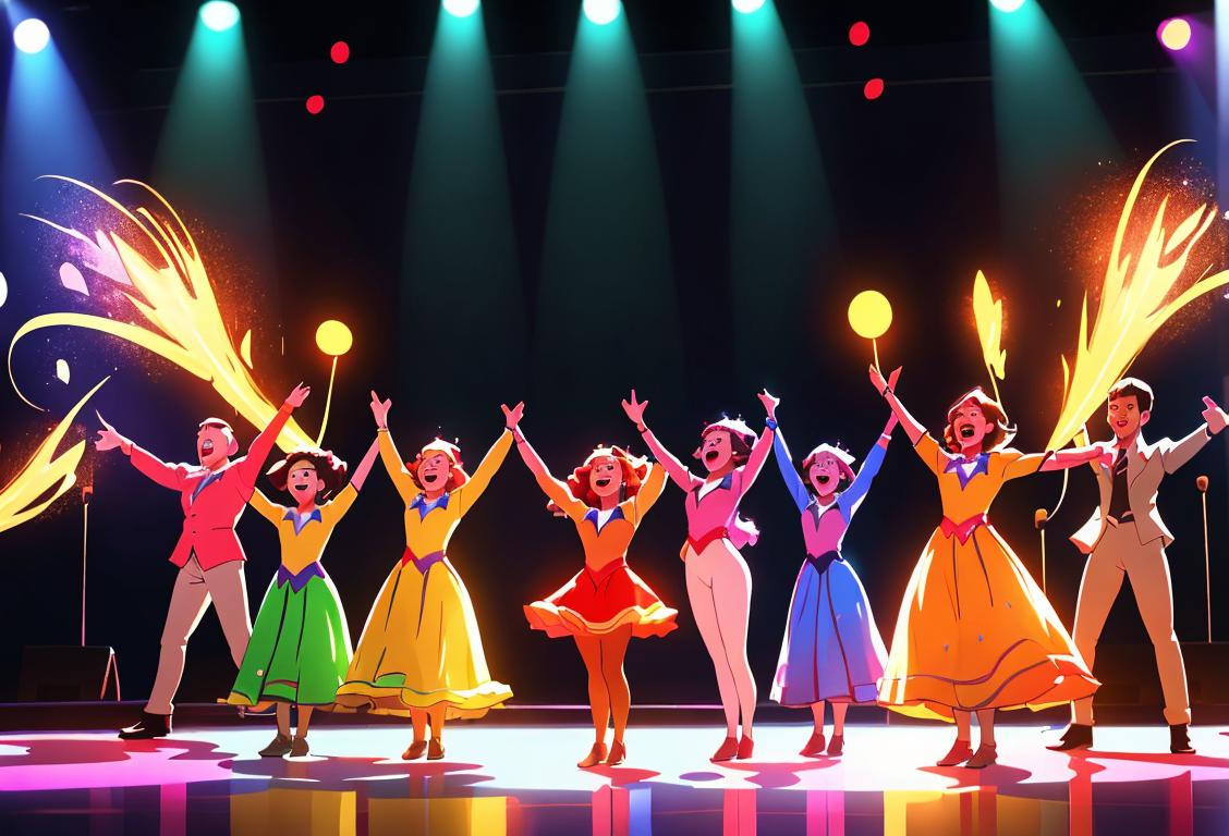 Young performers in glittering costumes strike a pose while singing and dancing on stage, showcasing the vibrant and energetic world of show choir. Sparkly outfits, synchronized moves, and a jubilant atmosphere set against a backdrop of colorful lights and cheering audience..