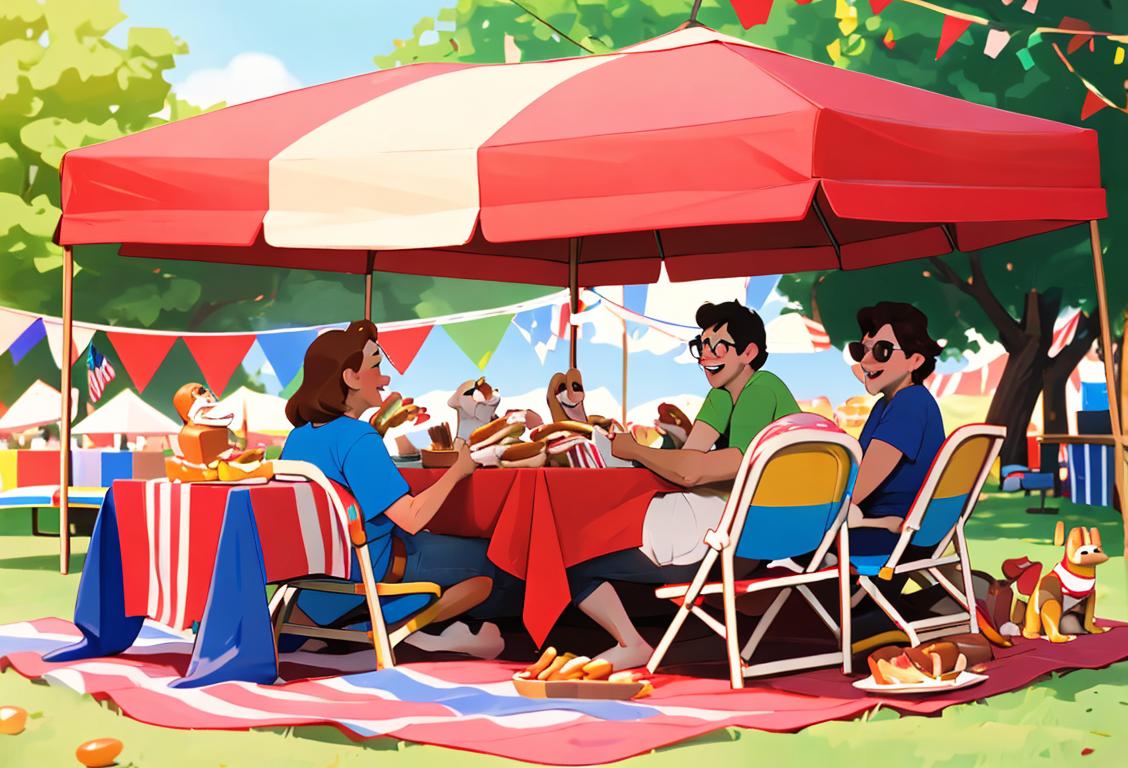 A joyful group of people at a outdoor picnic, each holding a hot dog with various toppings, surrounded by American flags and summer decorations..
