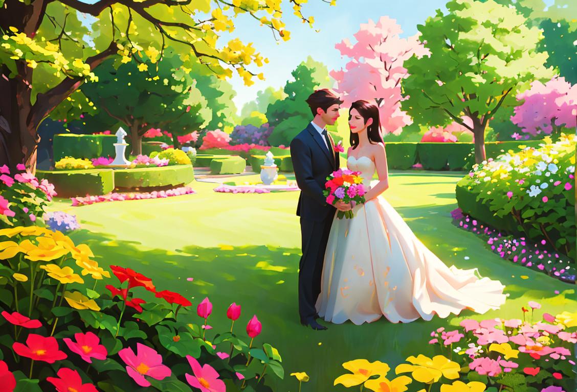 Young couple exchanging heartfelt shays, surrounded by colorful flowers in a peaceful garden setting.