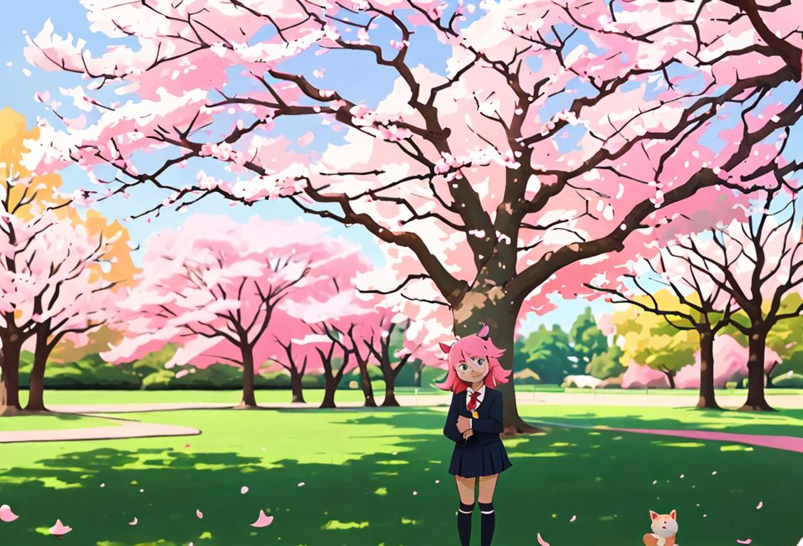 A cute anime character with vibrant hair, wearing a whimsical school uniform, surrounded by cherry blossom trees and adorable animal companions..