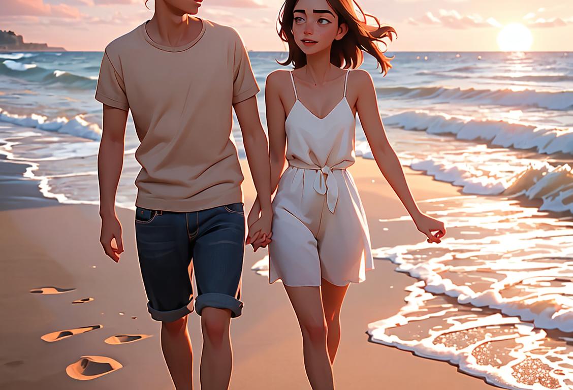 Young couple holding hands, walking on a sandy beach at sunset, wearing casual summer outfits, expressing love and togetherness on National Amorous Intention Day..