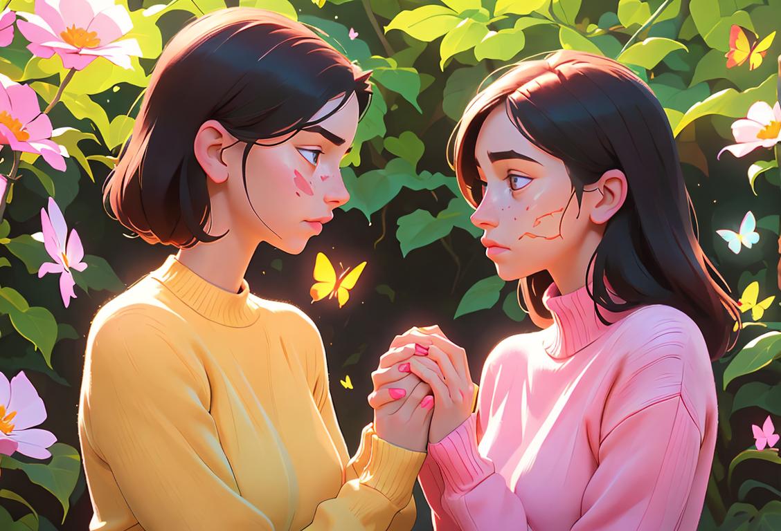 Young woman holding hands with a supportive friend, surrounded by flowers and butterflies, wearing a warm sweater, nature setting..