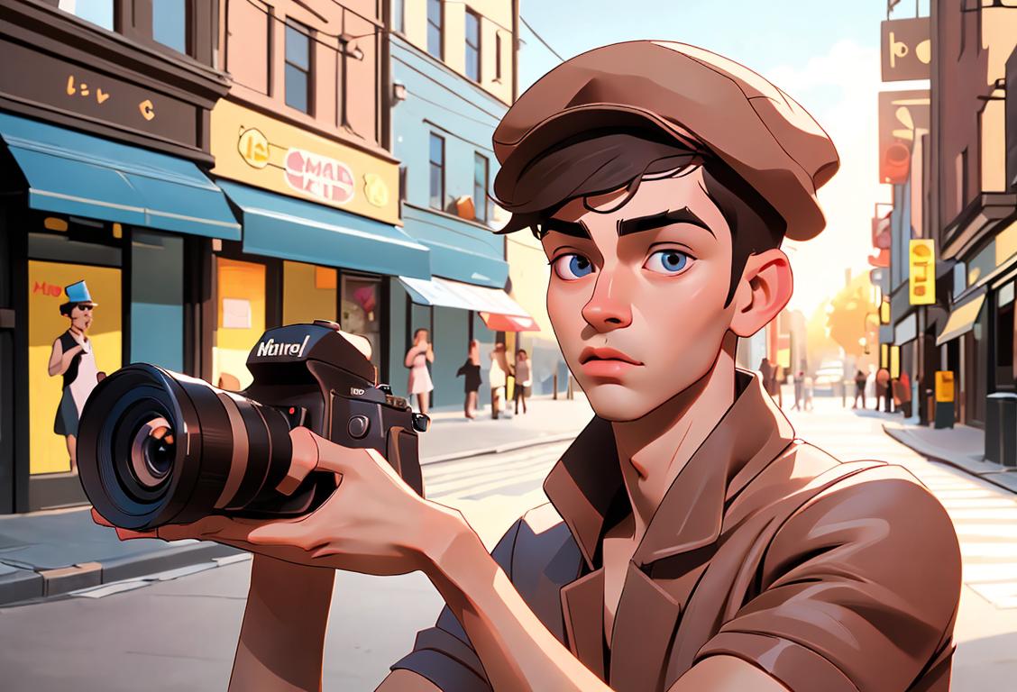 A young man participating in National Send Him Nudes Day, holding a camera, wearing a funky hat, artistic street scene..