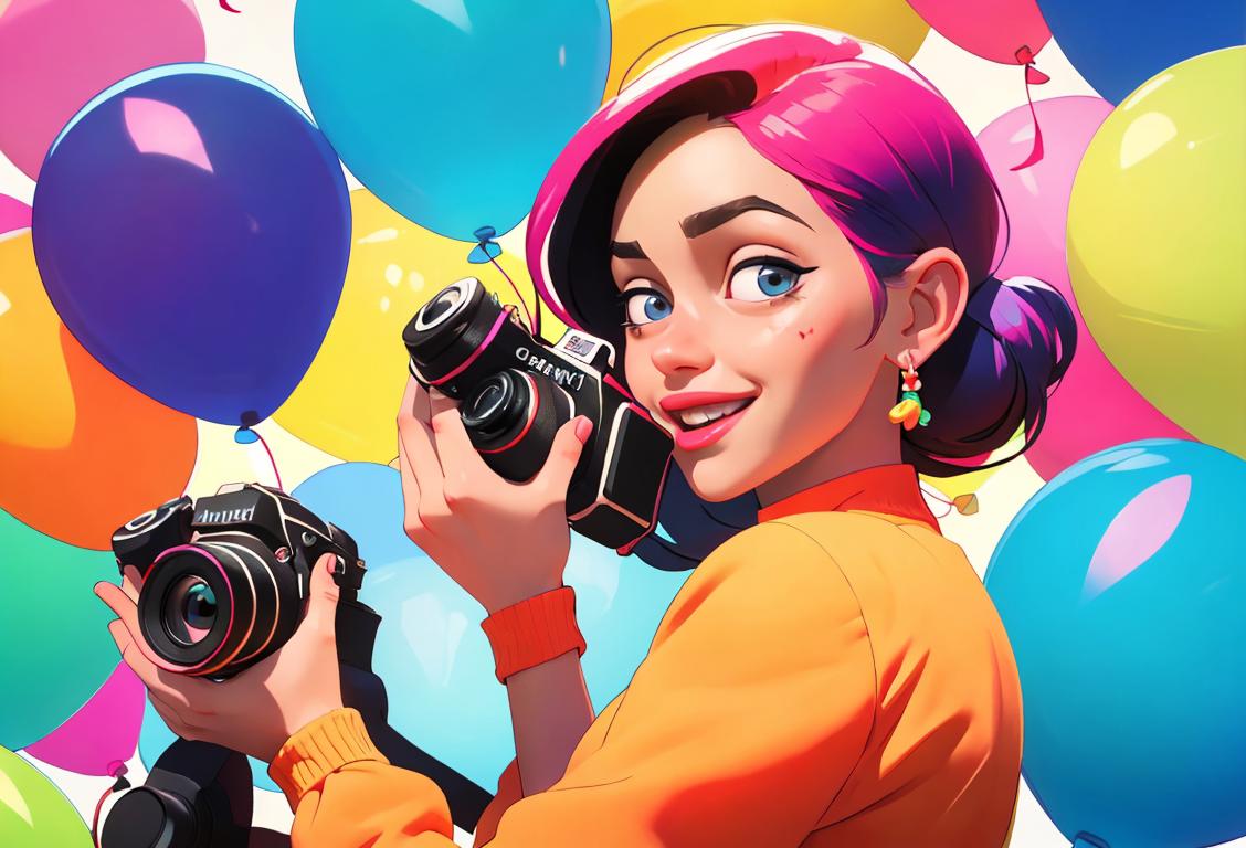 Cheerful person holding a camera, surrounded by colorful balloons, wearing trendy clothing, festive celebration vibes..