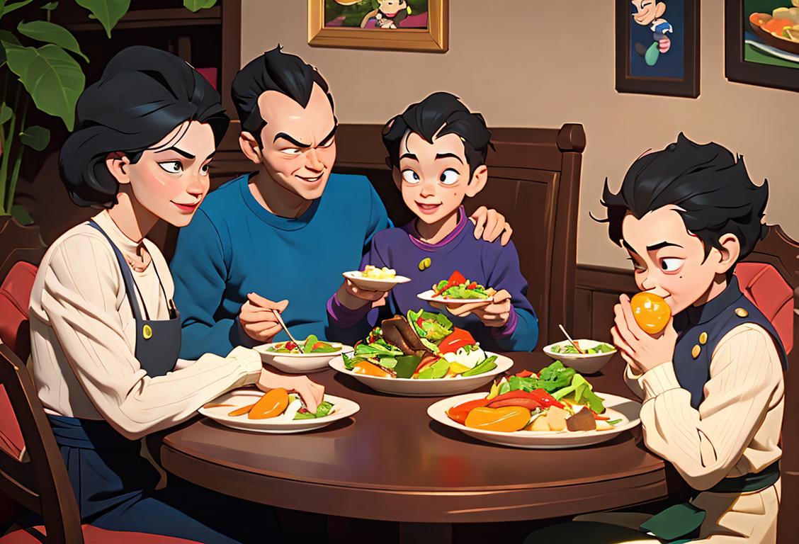 A family sitting at a table, happily enjoying a meal together, with a variety of colorful and delicious vegetarian dishes..