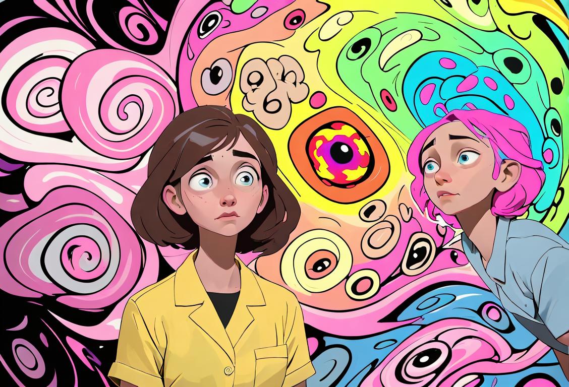 A couple swapping brains while wearing lab coats and surrounded by colorful swirling mindset, representing the mind-altering and surprising swaps of National Brainwash Wife Swap Day..