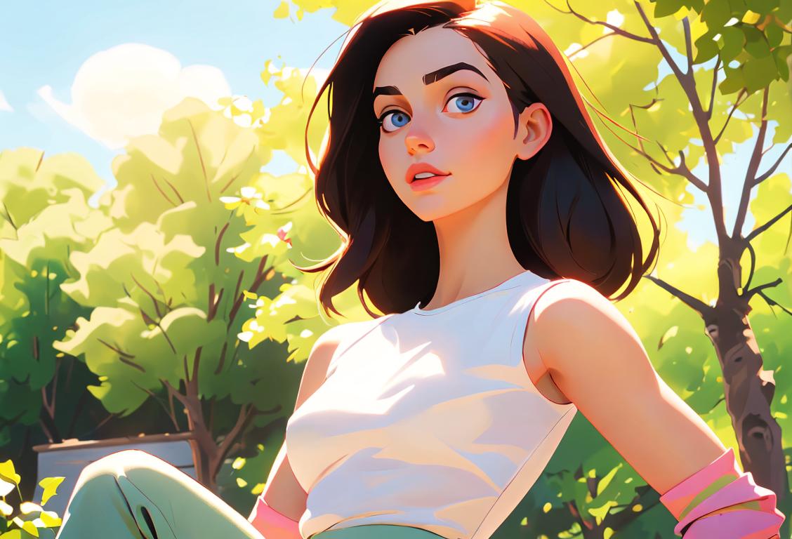 Young woman in comfortable and trendy attire, enjoying a carefree day outdoors, surrounded by nature and sunshine..