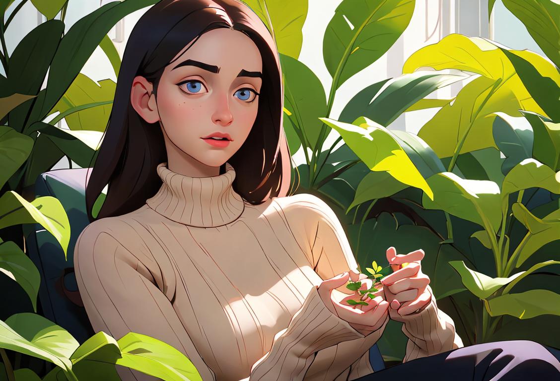 Young adult embracing self-care, dressed in cozy sweater, surrounded by plant-filled oasis for National Masturbation Day.