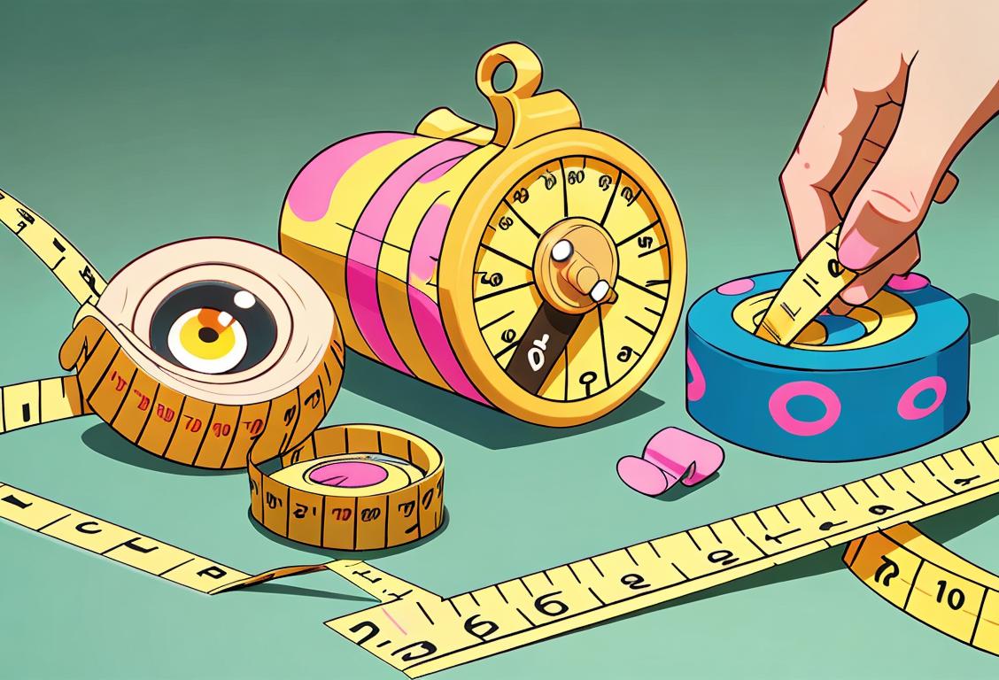 Joyful group of friends measuring various objects with brightly colored, cartoon-like tape measures, dressed in vibrant, mismatched clothes, in a whimsical outdoor setting..