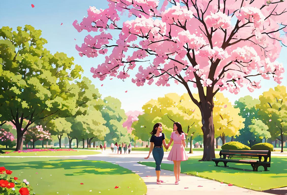 Young adult enjoying their own company, taking a leisurely stroll in a vibrant park surrounded by blooming flowers, embracing the beauty of self-love and independence on National Single asf Day..