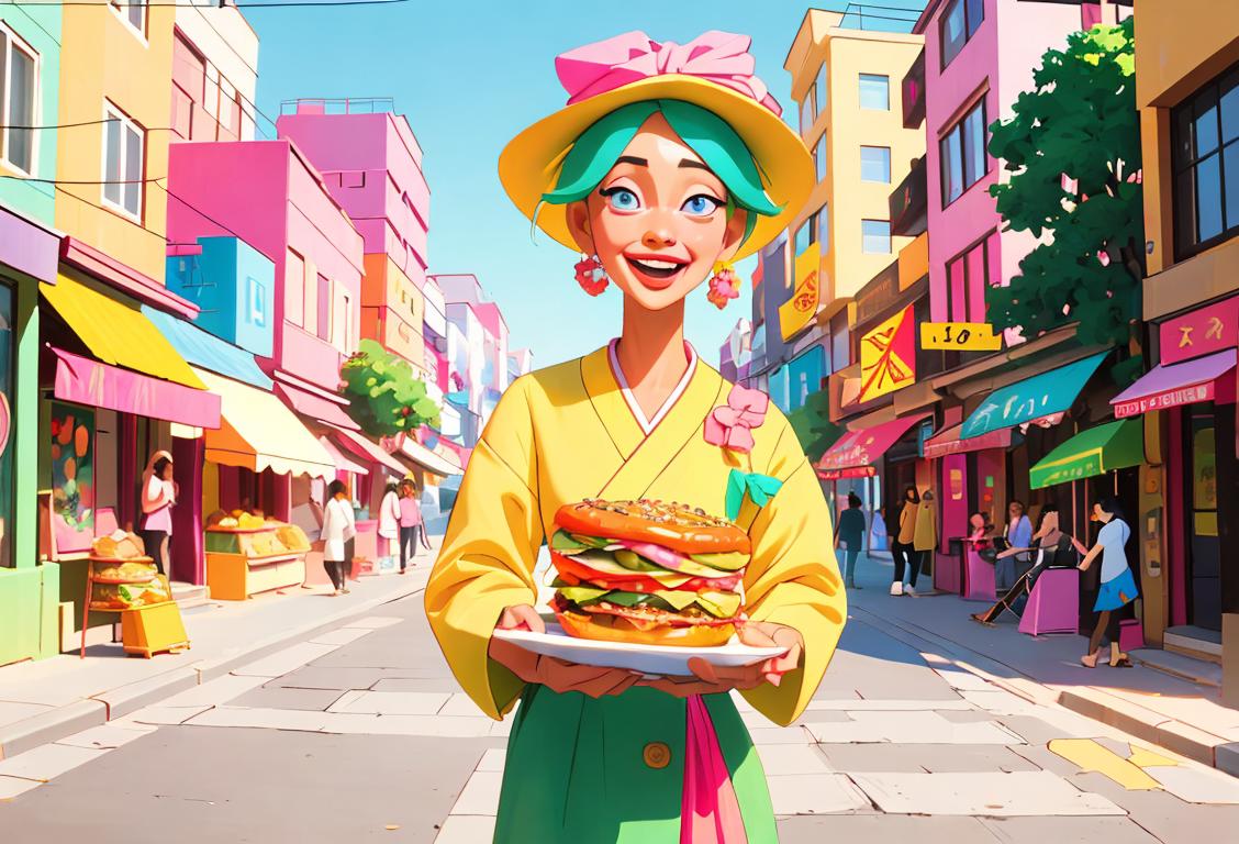 A cheerful person wearing a fashionable kota, surrounded by vibrant colors and a bustling city street..