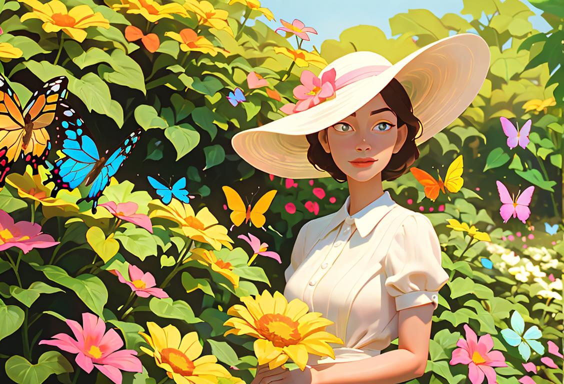 Colorful flower garden with a person wearing a sun hat, surrounded by butterflies and a white picket fence..