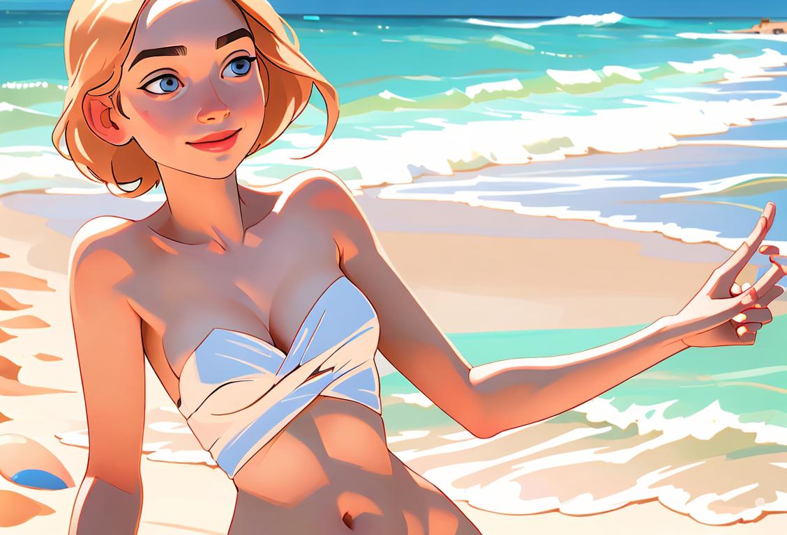 A wholesome, sunny beach scene with people playfully holding up creative hand-drawn illustrations as they enjoy National Sending Nudes Day, dressed in casual summer clothing..