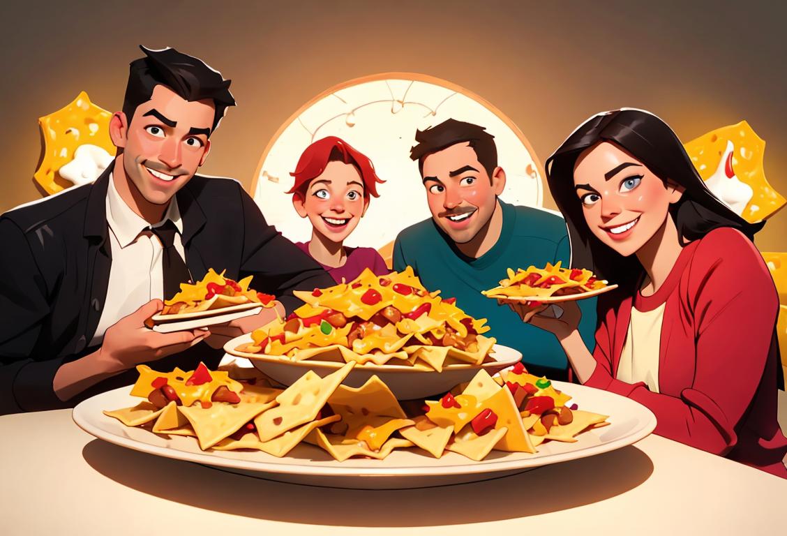 A group of people gathered around a plate of nachos, smiling and enjoying the cheesy goodness. They are in casual clothing, set against a vibrant and festive backdrop..