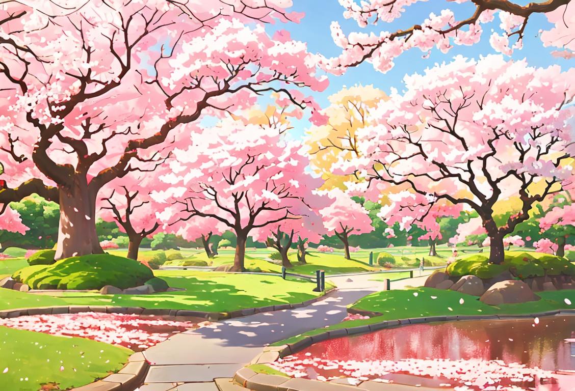 Playful anime characters in vibrant costumes, surrounded by cherry blossom trees in a fantastical Japanese landscape..