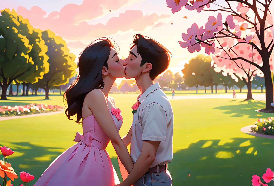 Happy couple sharing a sweet kiss in a park, surrounded by blooming flowers, wearing summer outfits, with a hint of romantic sunset in the background..