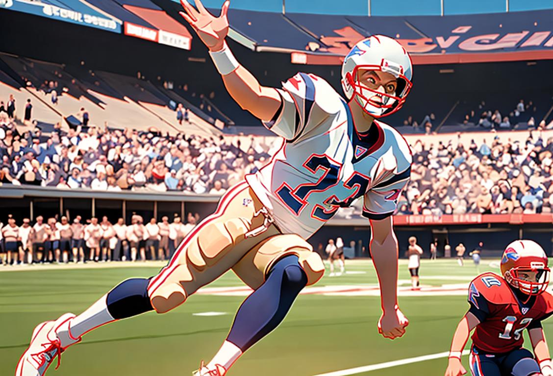 Young football fan wearing a jersey, throwing a large catfish at a Tom Brady cutout, surrounded by cheering crowd, stadium setting..