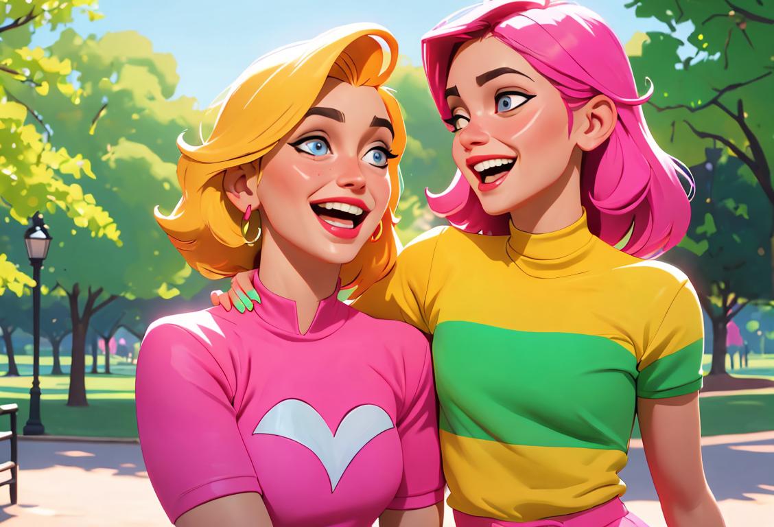 Two best friends sharing a laugh, wearing colorful matching outfits, in a vibrant park setting..