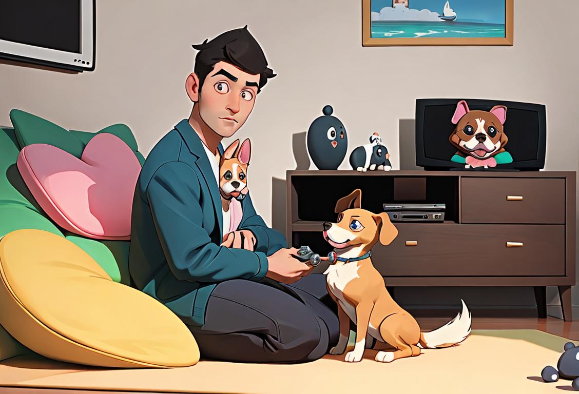 A person wearing a stylish outfit and holding a remote control, sitting next to a cute dog with playful toys in an inviting living room..