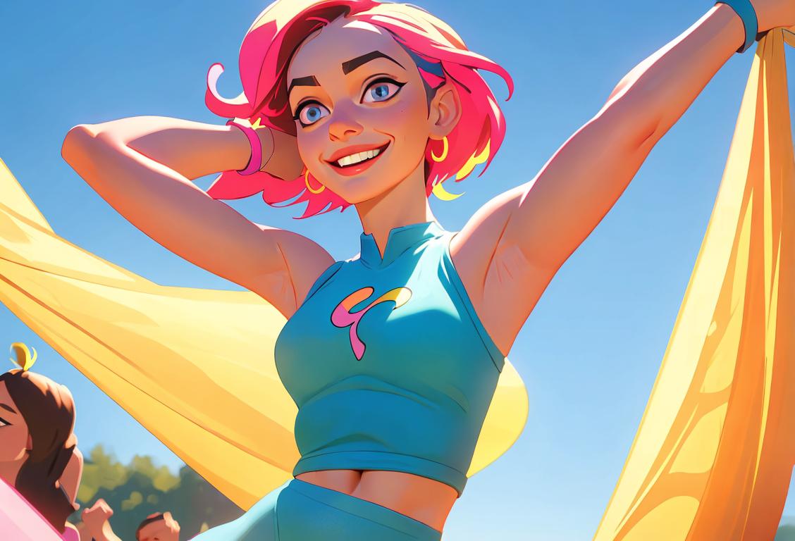 A smiling young woman, wearing colorful workout attire, dancing in a lively outdoor setting..