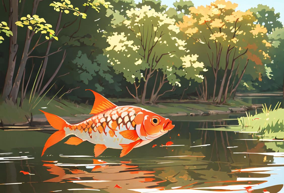 An angler standing on the riverbank, wearing fishing gear, surrounded by carps jumping out of the water. Serene nature setting..