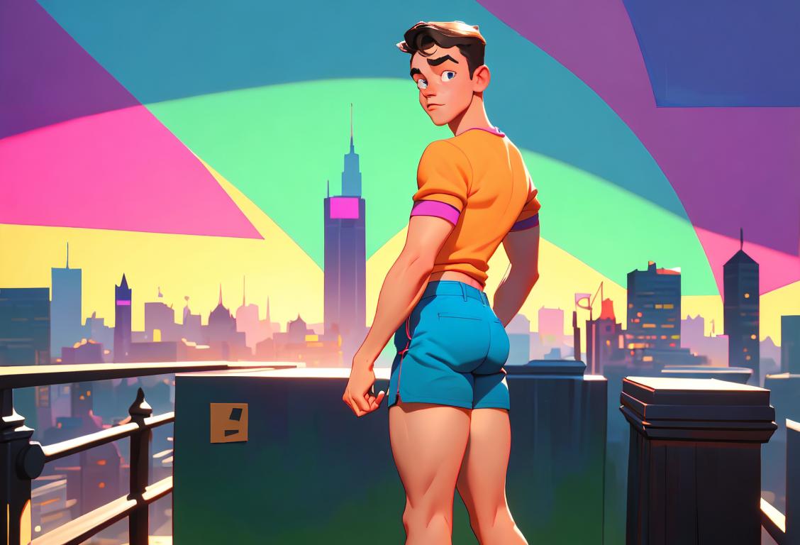 Young man wearing colorful shorts, standing in front of a vibrant cityscape, celebrating National Power Bottom Day with pride..