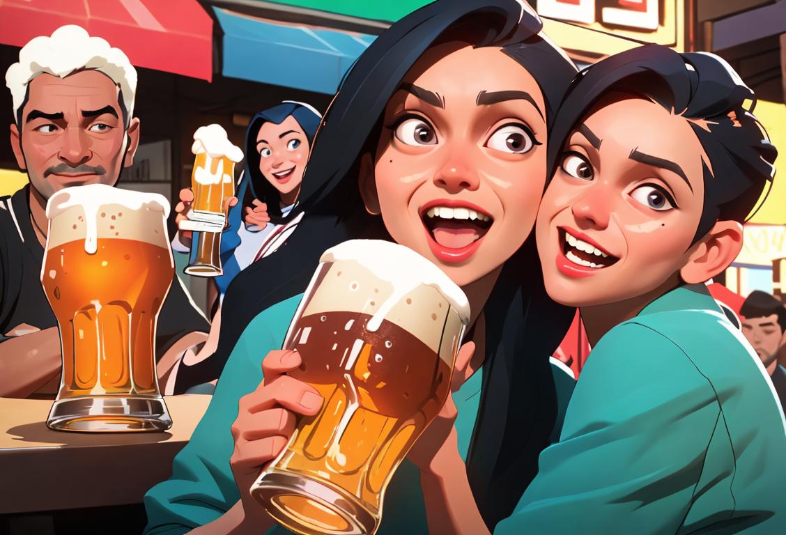 Exciting crowd raising their glasses for National Beer Day, with a mix of trendy outfits, vibrant urban backdrop, and cheerful expressions on everyone's faces..