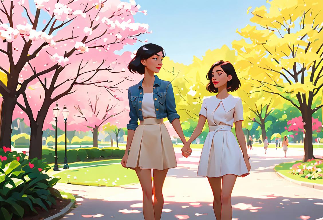 Two best friends holding hands while walking in a park, dressed in trendy outfits, surrounded by blooming flowers and a sunny backdrop..