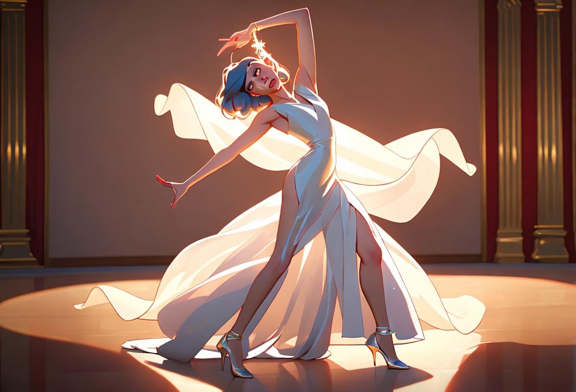 Elegant dancer in a flowing dress, showcasing their graceful moves, with a glamorous stage backdrop and vibrant lights..
