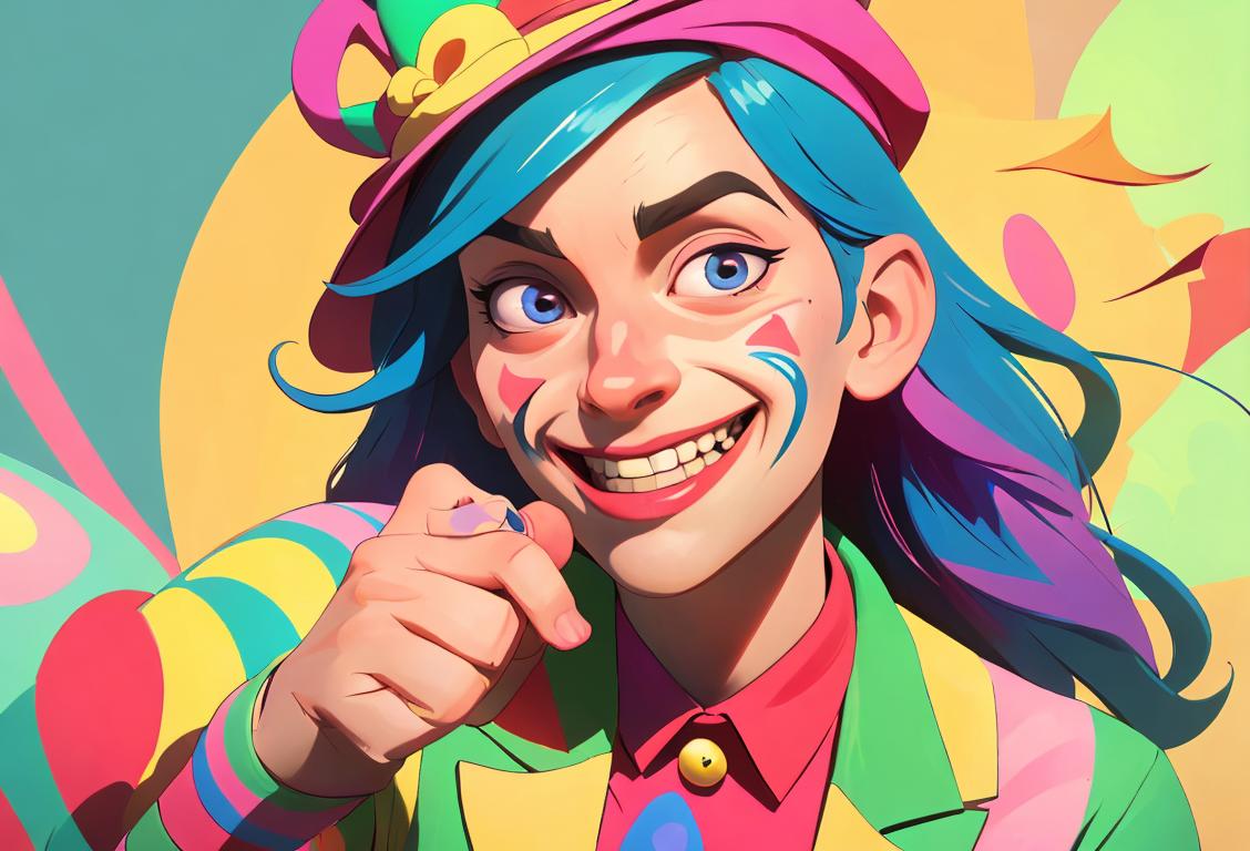 Person flipping themselves off with a silly grin, wearing mismatched socks and a funky hat, colorful circus-themed background..