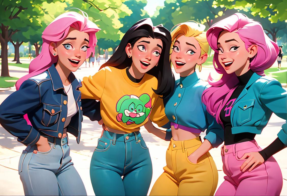 A group of friends laughing together, dressed in colorful 90s fashion, in a park setting..