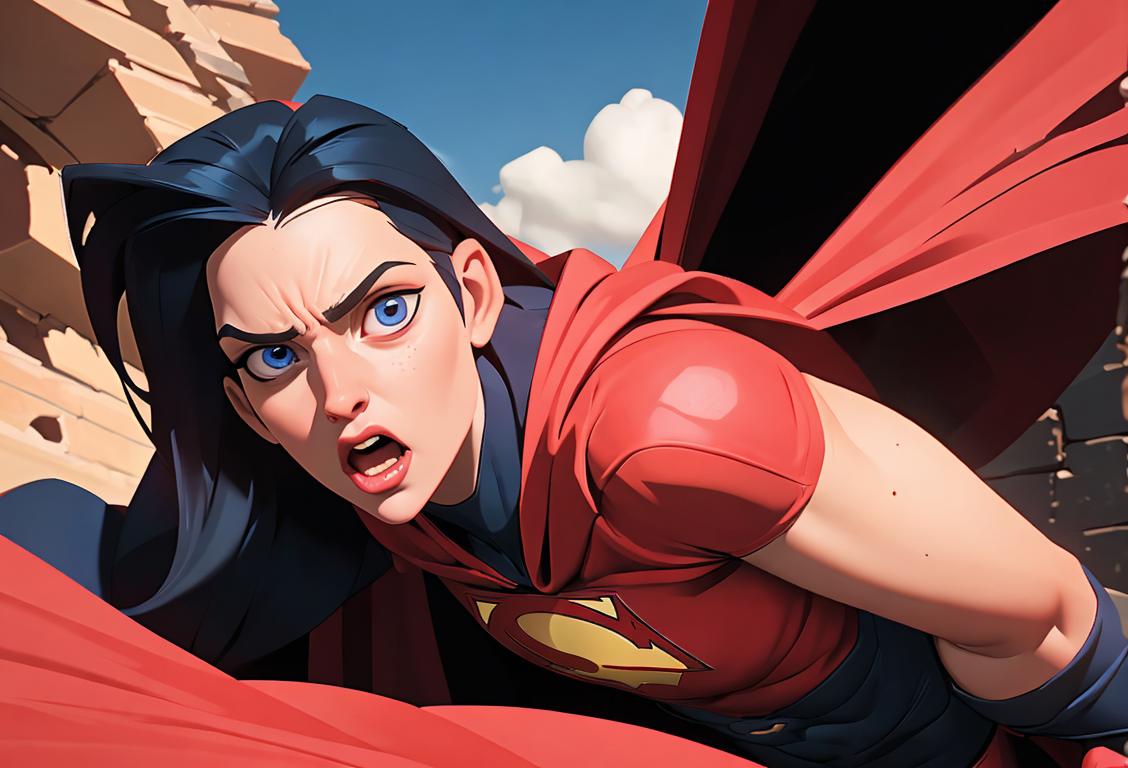 Courageous individual overcoming fear, wearing a superhero cape, in an adventure-filled natural setting..