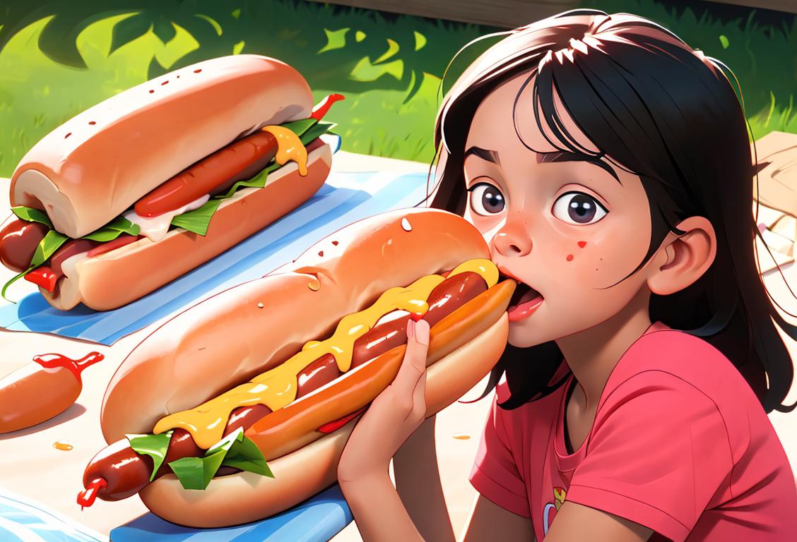 Young child joyfully eating a hotdog with ketchup, surrounded by a vibrant summer picnic scene..