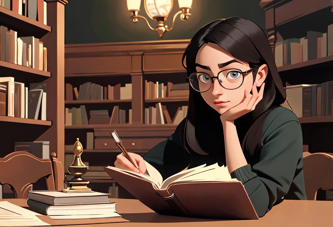 A cozy library scene with a young woman wearing glasses, engrossed in a book, surrounded by shelves filled with knowledge..