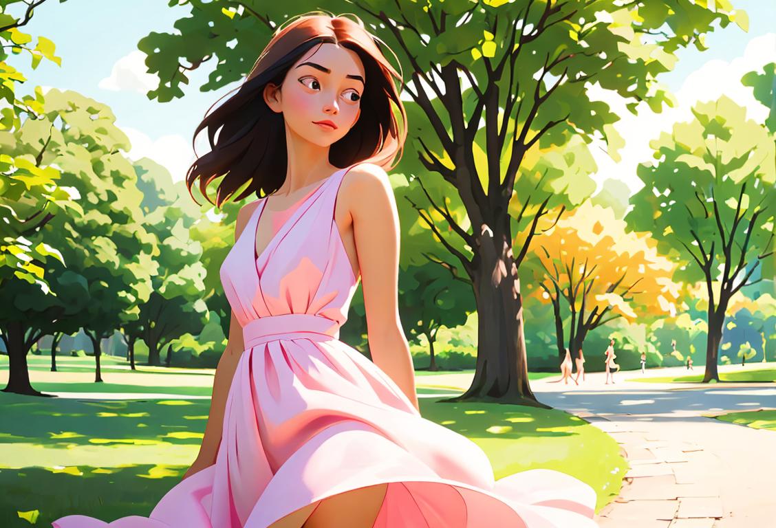 Young woman enjoying a carefree day, wearing a flowy summer dress, embracing the natural beauty of a tranquil park..