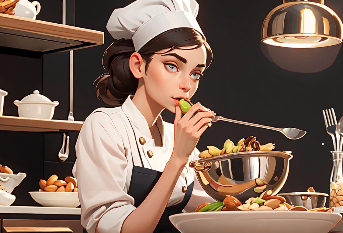 Young woman holding a bowl of mixed nuts, wearing a chef hat, surrounded by colorful kitchen utensils..