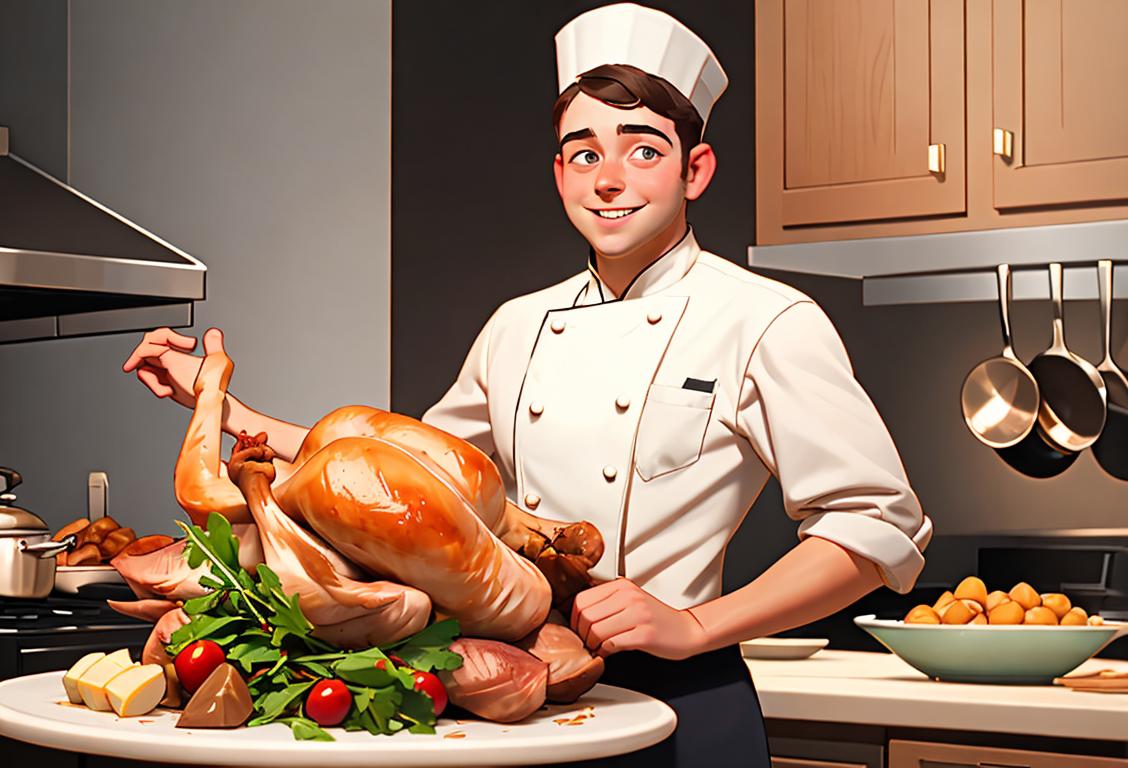 Young man in a chef hat, standing in a kitchen, holding a roast turkey with a big smile..