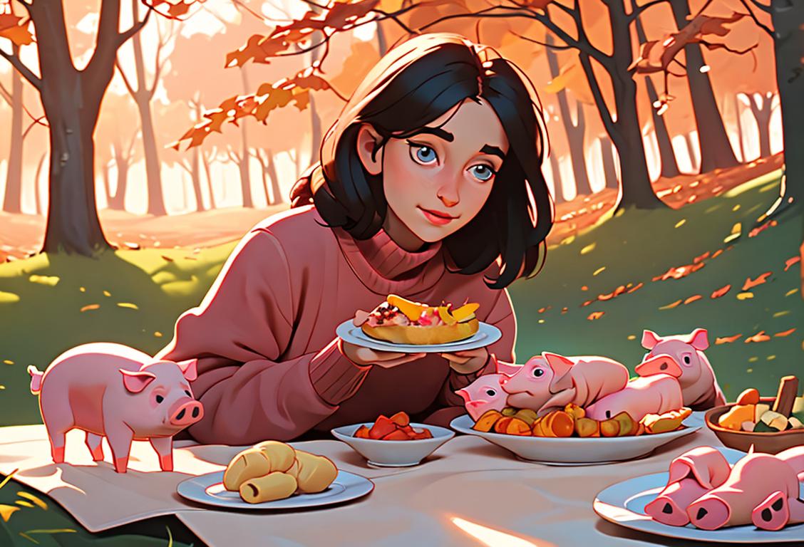 Young girl enjoying a plate of pigs in blankets, wearing a cozy sweater, autumn forest picnic setting..