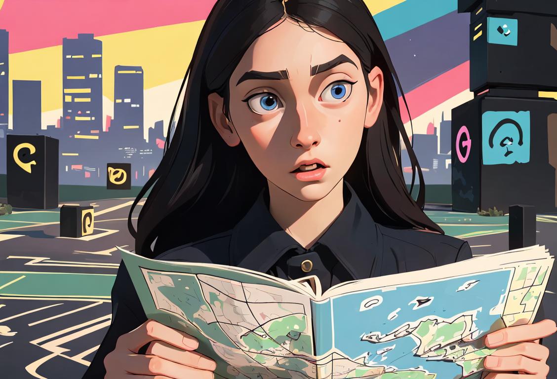 A young woman wearing a confused expression, holding a map with puzzled symbols, surrounded by a vibrant cityscape..